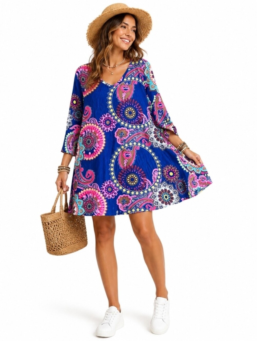 Lildy Vibrant Paisley Floral Print Dress, V-neck, 3/4 sleeves, L/XL